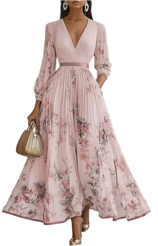 Vestido Mujer Casual Manga Larga - Moda Mujer Estampado Cuello En V, Vestidos Largo Glamour Exquisito - Dresses for Women Único Adecuado para Primavera Rosa L