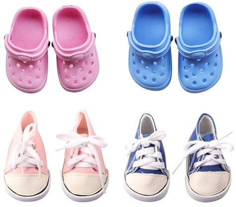 4 Paar Puppen Schuhe Zubehör Set, 14-18 Zoll Bunte Puppenzubehör mit 2 Paar Leinenschuhe 2 Paar Sandalen, 35-45cm Puppe Zubehör für Baby Puppen, Geschenk für Mädchen - Rosa Blau Rosenrot