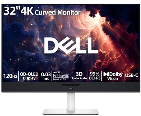 Dell Plus 32 4K Curved Monitor, QD-OLED Display, 120Hz 0.03ms, AMD FreeSync Pro, AI-Enhanced 3D Spatial Audio, 99% DCI-P3, Dolby Vision, 5x2.5W Speakers, USB-C 90W PD, Compatible with PC & Console