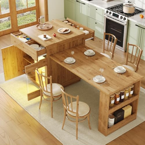 Table de bar avec LED,table à manger extensible,îlot de cuisine,armoire de cuisine multifonctionnelle avec éclairage LED (contrôlé par application)espace de rangement, tiroirs, portes vitrées