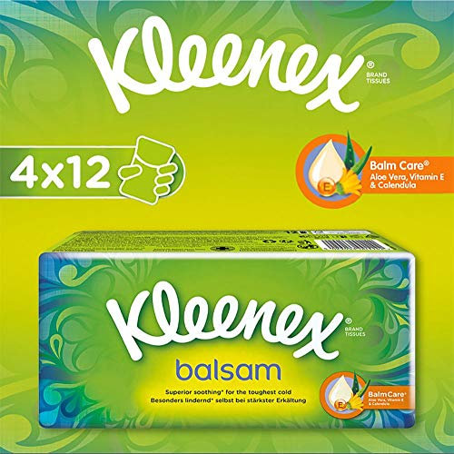 Kleenex Balsam Taschentücher, 4-lagig, Ideal bei Erkältungen und Allergien, 4 x 12 Packungen, Vorratspackung