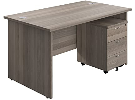 Office Hippo Panel Desk with 2 Mobile Storage Including Filing Drawer, A4, Foolscap, Engineered Wood, Grey Oak, 140 x 80 x 73 cm
