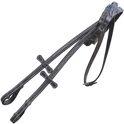 ExionPro Riendas de Caballo con Dos Cordones levantadas de Lujo de Cuero con Tapones de martingala | Costuras Elegantes Blancas | Extra Duradero y de Alta Resistencia | Marrón Oscuro