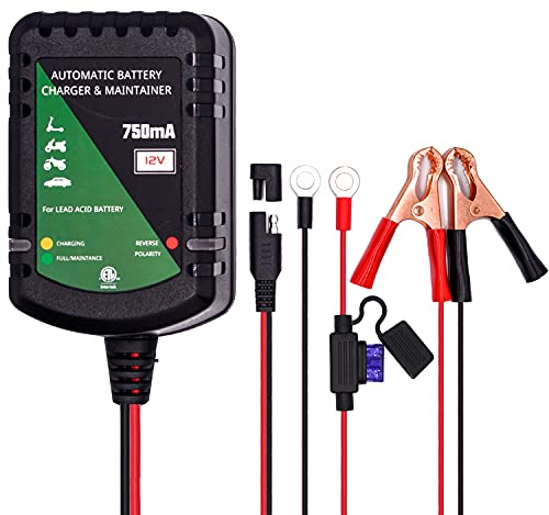 Unocho 12Volt Batterieladegerät 750mA Smart Automatisches Batterieladegerät und Erhaltungsladegerät Intelligentes Trickle-Ladegerät für Kraftfahrzeuge Motorräder ATVsversiegelte Blei-Säure-Batterien