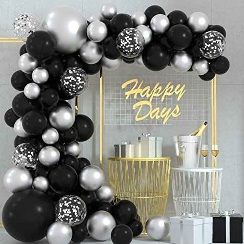 FEPITO 108 Pcs Noir Argent Ballon Guirlande Arch Kit 5 10 12 18 Pouces Noir Argent Confettis Ballons pour Anniversaire Mariage Nuptiale Baby Shower Graduation Fête Décorations