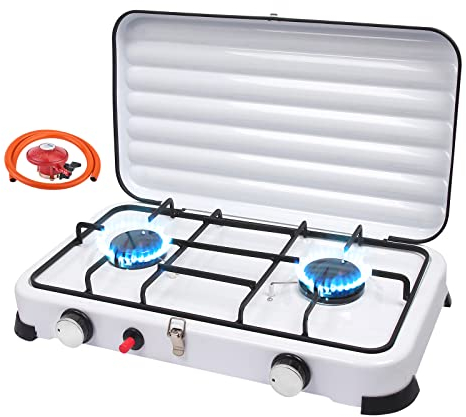 Qdreclod Camping Cocina de Gas Butano Portátil con 2 Fuegos, Hornillo a Gas 4.4KW Quemadores con 150cm Manguera y 37 mbr Regulador, Cocina Gas al Aire Libre con Tapa para Picnic o Acampada
