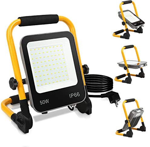 Tubiaz LED Baustrahler Arbeitsleuchte, 50W 5100LM 6000K Kaltweiß Bauscheinwerfer mit 3M Kabel und Faltbarer Ständer, IP66 Wasserdicht Baulampe für Werkstatt Baustelle Garage