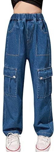SEAUR Jeans Mode Cargo Pantalon Ample Danse Jazz Fille Chic Enfant Hip Hop Bleu 160