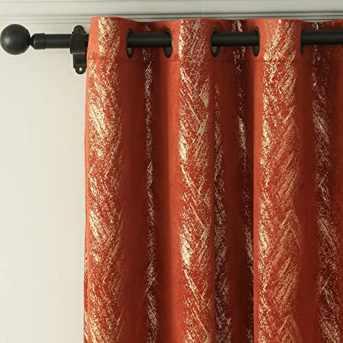 Tootop Burnt orange velvet curtains champagne gold foil print shiny geometric pattern luxury living room bedroom thick super soft thermal insulation darken curtains grommet 2 panel (52 x 96) Inch