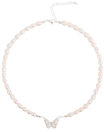 Süßwasserperlen-Halskette, Perlenkette für Damen , Echte Perlen Choker +Schmetterlingsmodell Anhänger mit Moissanit - 36.9cm/14.6in für Frauen , Handgefertigt, Barockstil,Schmuck für Mutter Liebhaber…