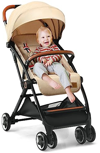 GOPLUS Faltbarer Kinderwagen, Reisebuggy mit verstellbarer Rückenlehne & ausziehbarem Vordach, tragbarer Sportwagen mit Aufbewahrungskorb & abschließbare Räder, für Baby bis 3 Jahre alt (Beige)
