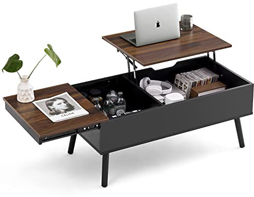 JanflyHome Höhenverstellbarer Couchtisch mit Stauraum, Modern Kaffeetisch & Beistelltisch mit Versteckter Stauraum, Verstellbarer Couchtisch mit Lift-Top-Platte, Braun