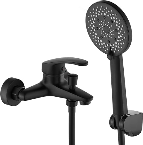 GERUIKE Robinet Baignoire avec Douchette Support et Flexible - Mitigeur Baignoire Monocommande avec Bec, Tuyau Douche PVC 150cm, Pomme de Douche à 5 Fonctions - Noir Mat