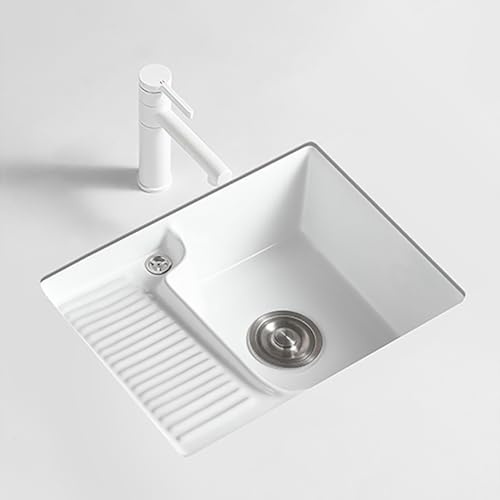 Undercounter bathroom ceramic washbasin, embedded balcony laundry sink with integrated washboard, white container sink with pull-out faucet, fired at high temperature, suitable for bathrooms, etc. ( S