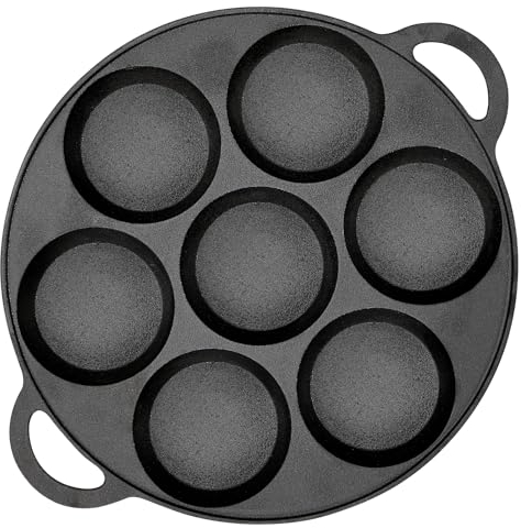 Warmiehomy Cast Iron Pancake Pan 7 Holes,Non Stick Eggs Crepe Pan Double Handles for Pancake|Crepe|Egg,27cm