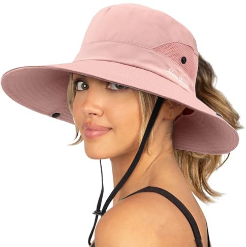DRESHOW Damen Sonnenhut Outdoor UV-Schutz Hut faltbar Mesh breite Krempe Angeln Pferdeschwanz Strand Eimer Hüte