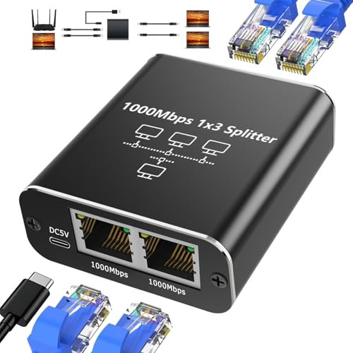 Oblinple Switch Ethernet 1 a 3, 1000Mbps LAN Splitter RJ45 con Cable de Alimentación Tipo C, Gigabit Conmutador de Red 3 Puertos, Multiplexor Adaptador Network para Ordenador Enrutador TV Digital Hub