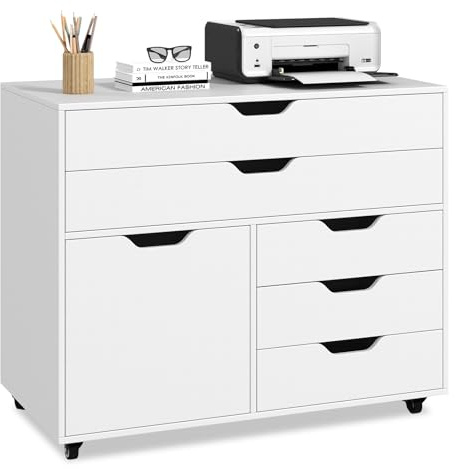 COSTWAY Mobile File Cabinet, 5 Drawers Lateral Stationery Storage Organiser Chest with Wheels and Door, Home Office Printer Stand Side Filing Cupboard (White, 77 x 40 x 64cm)