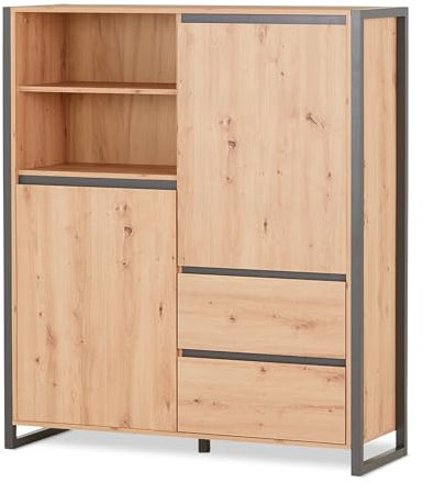 KHG Highboard AST-Eiche, Moderne hohe Kommode mit Schubladen, Ablage & Fächern, Holzwerkstoff foliert Eiche & Kufen-Gestell Anthrazit, 120x140x40 cm