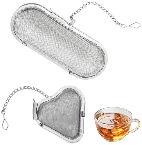 2 Pezzi Filtro a Maglia Fine con Catena, Colino per Spezie, Forme Ovale a a Cuore, Infusore per Tisane Filtro, Filtro da Tè in Acciaio Inossidabile, Infusore per Te per Tè Sfuso, Spezie, Erbe