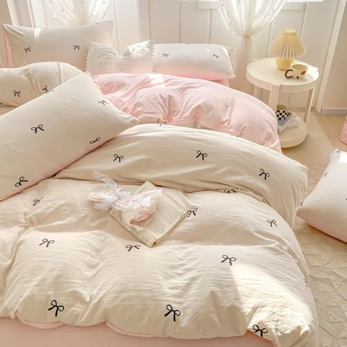 Covebett Housse de Couette 200x200 Blanc et Rose Nœud Papillon Réversible | Parure de Lit Adulte 2 Personnes, Sets de Housses de Couettes en Microfibre, Fermeture Éclair, 2 Taies d'oreiller 65x65
