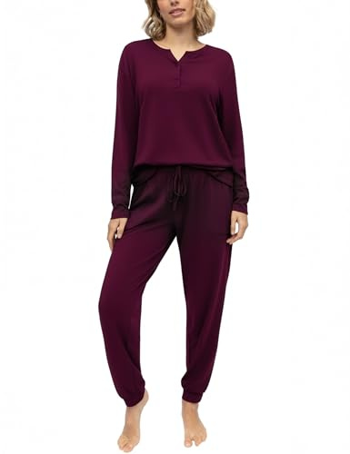 Bresdk Pigiama Donna Invernale Cotone Lungo a Maniche Lunghe e Pantaloni Pigiami Due Pezzi da Donna con Tasche XS-XXL