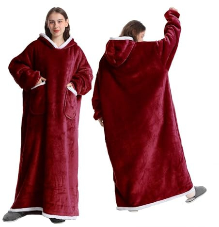 FEELJAM Coperta con maniche donna Coperta con cappuccio da uomo Coperta accogliente con maniche Per coperta TV per adulti (Rosso, 180 di lunghezza)