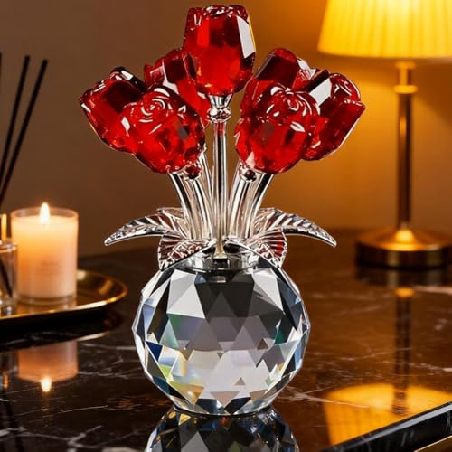 Bouquet di rose in cristallo con vaso rotondo, ornamento floreale in vetro da collezione per casa, feste, matrimoni, regali romantici per donne per San Valentino, festa della mamma, Natale