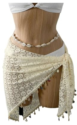 SHENHE Women's Sarong Wraps Coverups Hollow Out Seashell Tassel Skirt Bathing Suit Cover Up Beige X-Large