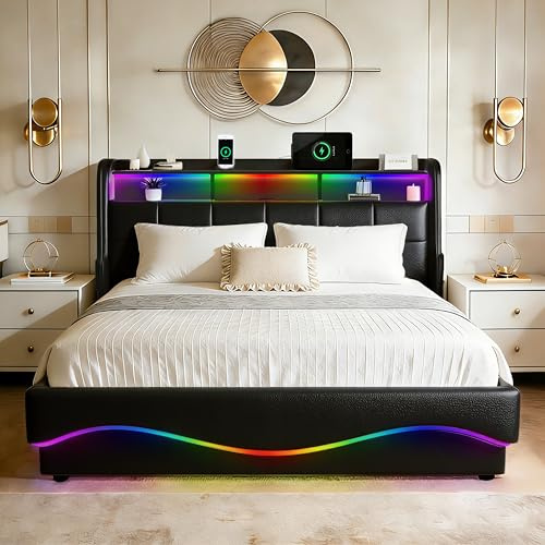 XMFFPM Klädda Förvaringssäng 140x200 cm med USB- och Type-C-laddning, Ribbjässystem, Läderhuvudgavel och Ljuddämpande Fyllning, LED-belysning, Ottomanförvaringssäng, Svart