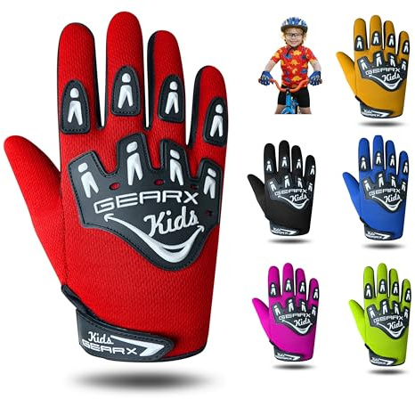 GearX Guantes de Ciclismo para niños, BMX, Bicicleta de montaña, Motocross, Enduro, Paintball, ATV, Quad, Karting, Deportes y Senderismo, Rojo,S