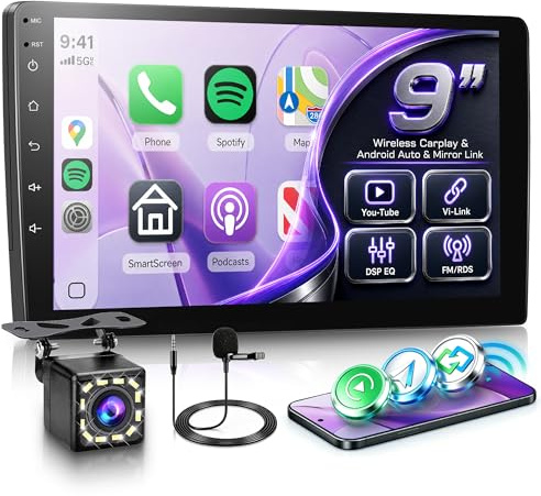 Rimoody Autoradio 2 Din con Wireless Carplay Android Auto You-Tube Vi-Link Bluetooth FM/RDS DSP EQ, 9 Pollici Touchscreen Radio Doppio Din Mirror Link USB Controllo del Volante Telecamera Posteriore