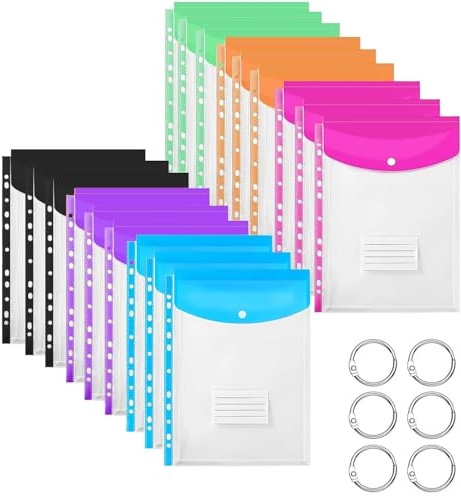 Goysen Plastic Wallets A4 Punched Pockets, 18 Pack Expandable Folders Plastic Document Files with Button, Tab Card, and 6 Binders （6 Colors）