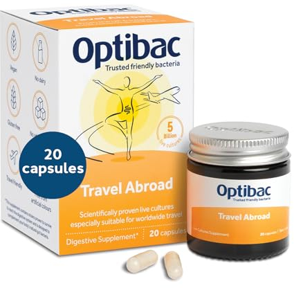 Optibac Probiotics Travel Abroad - Vegan Travel Probiotics - Digestive Supplement with Saccharomyces Boulardii, Lactobacillus & Bifidobacterium - Most Recommended Brand - 20 Capsules