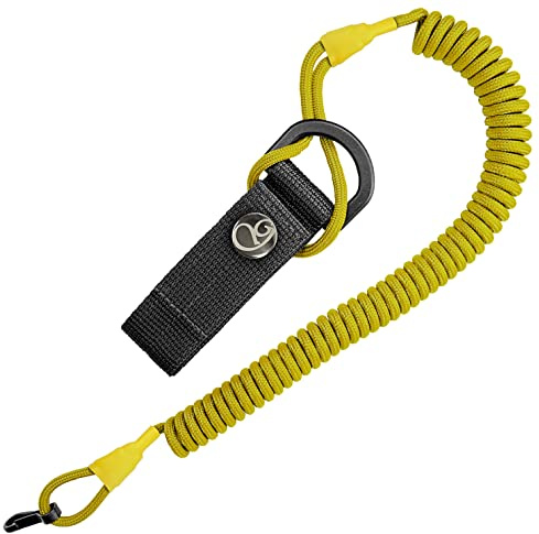Ganzoo lanière de fixation jaune pour équipement, cordon spiralé extensible 48–150 cm, épaisseur 4 mm, gaine paracorde anti-emmêlement, mousqueton, sangle de verrouillage pression auto-agrippante