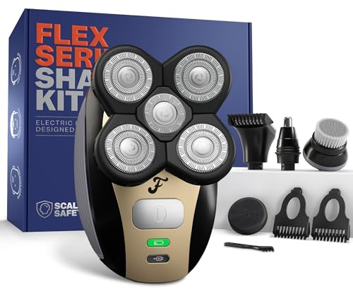 Freebird FlexSeries Electric Head & Body Hair Shaver - Mens Cordless Rechargeable Wet/Dry Skull Bald Head Back & Groin Waterproof Razor with Rotary Blades, Clippers, Nose Trimmer, Brush, Massager