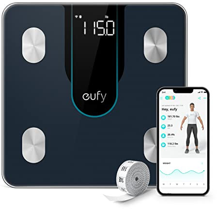 eufy Personenwaage, Smart Scale P2, Digitale Körperfettwaage WLAN/Bluetooth, 15 Messwerte inkl. Gewicht, Herzfrequenz, Körperfett, BMI, Muskel-/Knochenmasse, virt. 3D-Modus, Wasserdicht IPX5
