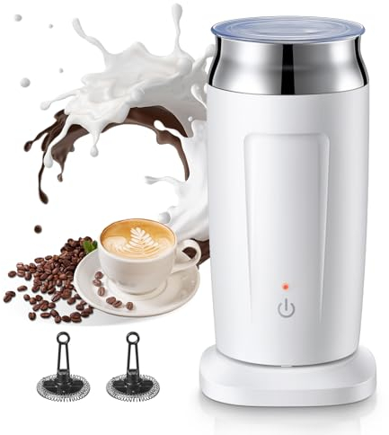 HOUSNAT Mousseur à Lait Electrique 4 en 1, Chauffe-lait 500 W 240 ml, Mousseurs de Lait Automatiques Chaud et Froid pour Latte, Cappuccino, Chocolat Chaud, 2 Rotors, Revêtement Antiadhésif, Blanc