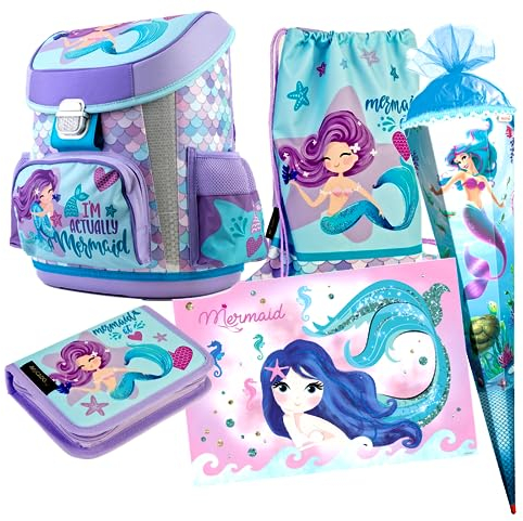 Meerjungfrau Mermaid Schulranzen Ranzen Tornister 5 Teile Set Tasche Rucksack Federmappe Schultüte 85 cm mit Sticker-von-Kids4shop