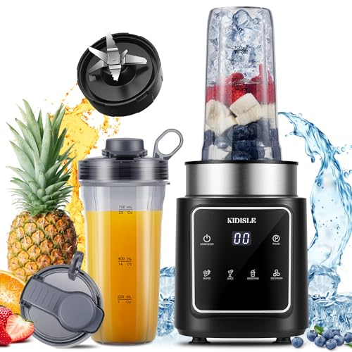 KIDISLE 1500W Powerful Smoothie Blender, 2x 800ml Portable Bottles, 5 Auto Programs for Milkshake,Crush Ice & Frozen Fruit, Personal Blender & Smoothie Maker, 6-leaf Ice Crushing Blades