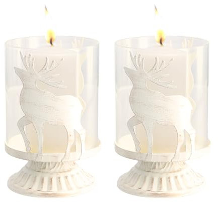 Focenat 2 Pezzi Natale Portacandele Candelieri in Metallo, Bianco Vintage Supporti per Candele Pilastri, Portacandele in Pericolo Uragano, Portacandele per Candele Regali Natale Cena Festa (Cervo)