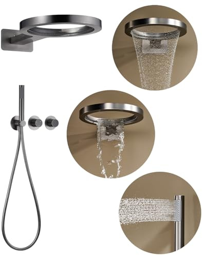 Sistema de Ducha Empotrado Columna de Ducha, Conjunto Ducha con Grifo Ducha Empotrado, Set Ducha en Pared con 36cm Forma de Anillo Alcachofa de Ducha y Teleducha (Gris)