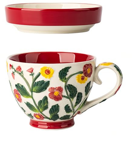 Dowbom Soup Mug With Lid, 500ml Microwave Soup Bowl, Ceramic Soup Mug Small Soup Bowl (Red,Cup & Lid)