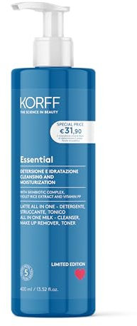 Korff Essence Latte Viso All in One, Triplice Azione Detergente, Struccante e Tonico, Formula Idratante con Acido Ialuronico, 400 ml