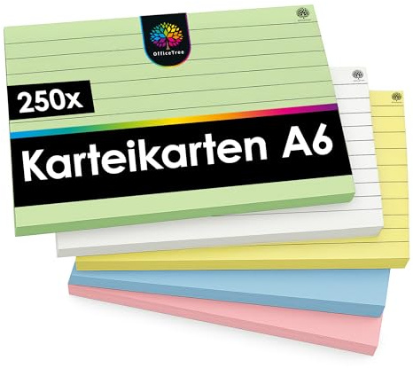 OfficeTree 250 x indexkort A6-linjerade – 5 färger – lärkort för skola och studier – indexkort A6-färgglada perfekt för anteckningar studisorganisation – inlärningskorts kort – flashkort