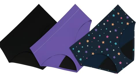Thinx Teens Period Underwear, Brief-Style Period Panties, Holds Up to Regular 12 Tampons, Reusable & Controls Odor, 3-Pack - (1) Black, (1) Lucky Stars, (1) Violet, Size 15/16