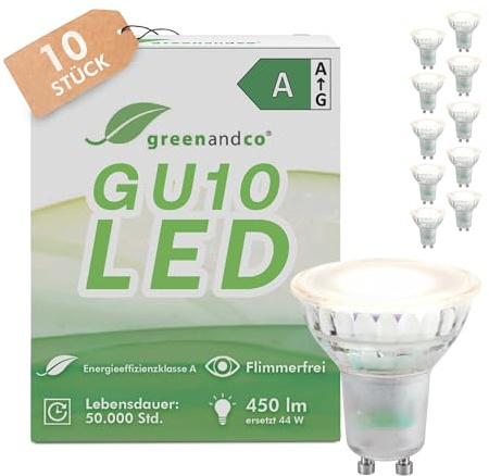 greenandco 10x GU10 | sustituye a 44 vatios | blanco neutro 4000K | 2.5W 450lm | 100° | sin parpadeo | eficiencia energética clase A | bombilla LED 230V | no regulable