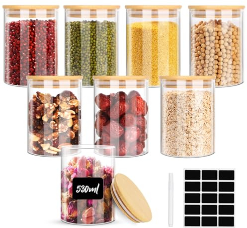 Ezvsevuo 8pcs Tarros de Cristal con Tapa, 530ml Botes Cocina Almacenaje, Tarros Cristal Hermeticos con Tapa Bambú, Recipientes de Cristal para Alimentos, Pasta, Cereales, Legumbres, Café