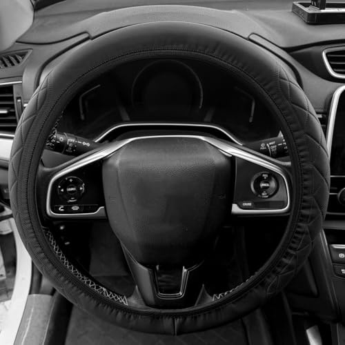 LianSinGo Black Leather Steering Wheel Cover, Anti-Slip Breathable Car Steering Wheel Protector, Comfortable Microfiber, Universal Fit 37-38cm, Stylish Car Accessory