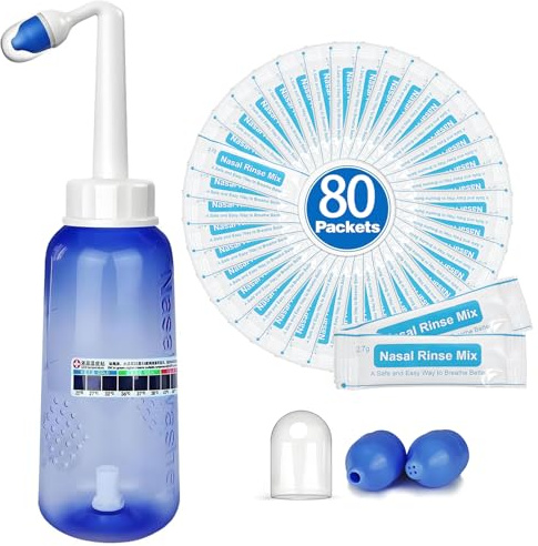 Snykes Neti Pot Sinus Rinse Kit for Adult & Kids | Nasal Irrigation Nose Cleaner Wash Bottle 300ML, Nasal Rinse Salt sachets Thermometer Sticker, Neti Pot Kit